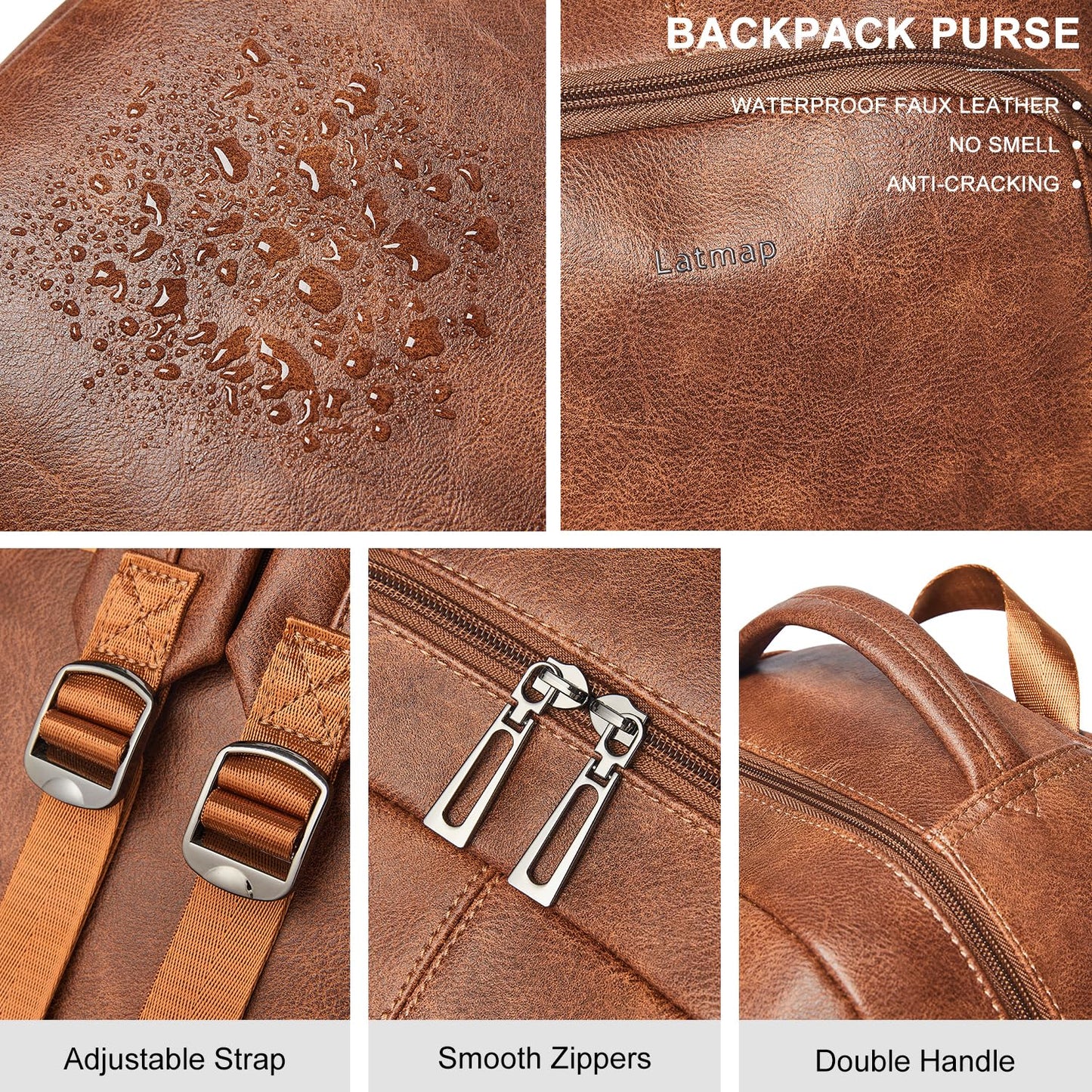 LATMAP 30L Backpack Purse for Women Men Laptop Backpack, Faux Leather Travel Work Backpack Teacher Bookbag fits 15.6" Laptop,Brown