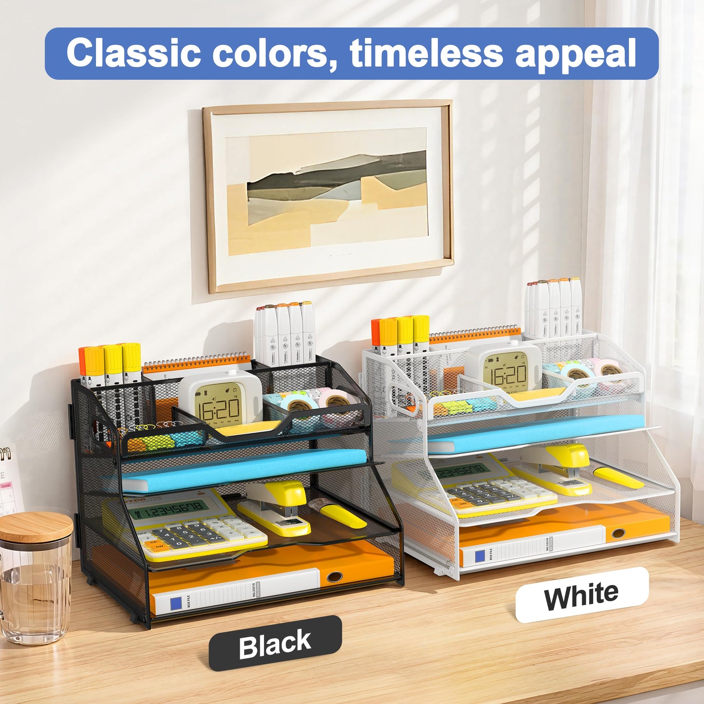 NextFile 4 Tier Desk Orgnizers and Accessories, Metal Magazine File Holder with Pencil Holder and Handles, Space Saving Desktop Storage for School Office Supplies(Black)