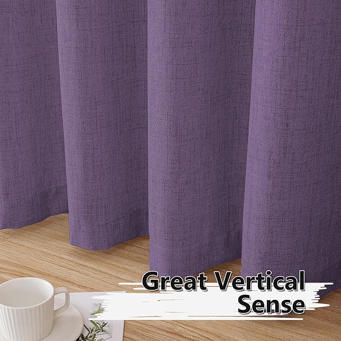 Tollpiz Short Linen Curtains Living Room Rod Pocket Semi Sheer Curtain Burlap Light Filtering Thick Linen Drapes for Bedroom, 54 x 54 inches Long, Royal Purple, Set of 2 Panels