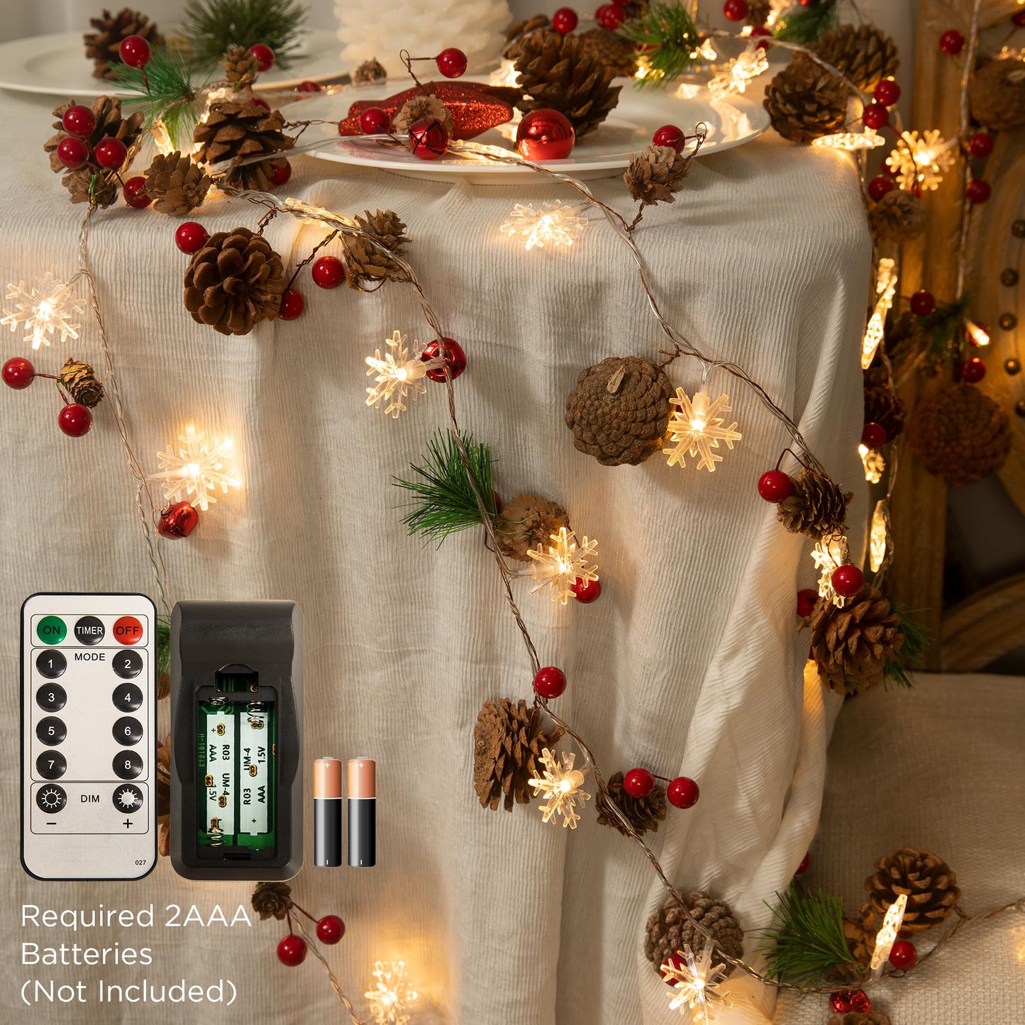 Christmas Garland with Lights,6.6FT Snowflake Pinecones Christmas String Lights with Remote Control,20 LEDs Battery Operated Garland for Christmas Decorations Indoor/Outdoor (Warm White)