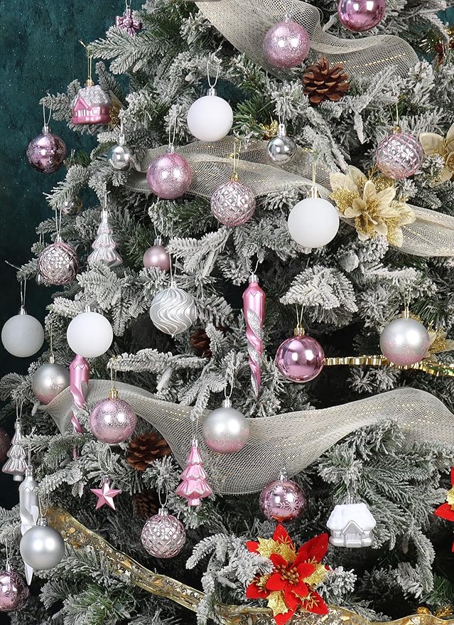124Ct Pink White and Silver Christmas Ornaments Set,Shatterproof Assorted Christmas Decorations for Xmas Tree Snowflake Icicle House Ball Ornaments Baubles for Holiday Party(Pink White Silver)