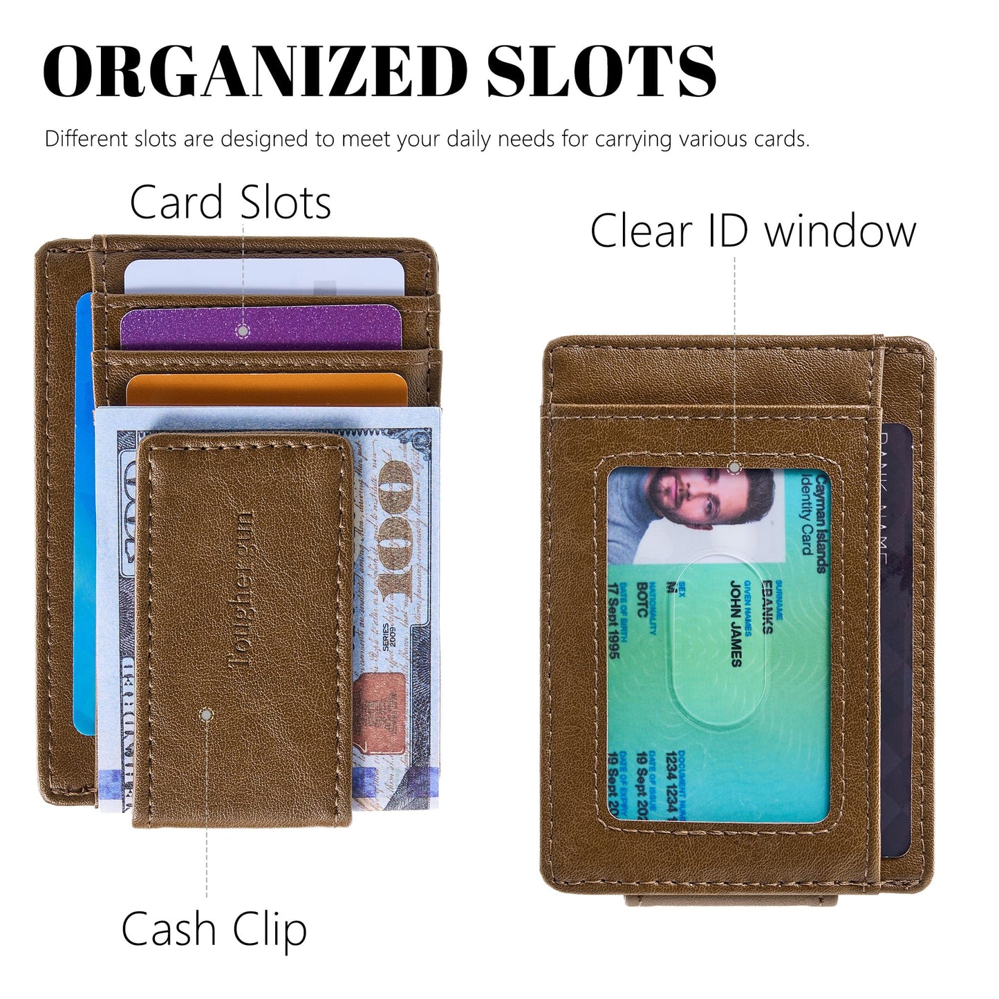 Toughergun Slim Wallet for Men RFID Blocking Money Clip, Minimalist Front Pocket Credit Card Holder, Magnetic Thin Mens Wallets with ID Window（Wax Brown）