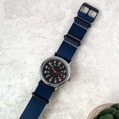 Benchmark Basics Leather Watch Band - Crazy Horse Oiled Leather One-Piece Watch Straps for Men & Women - Choice of Color & Width - 18mm, 20mm, 22mm or 24mm (22mm, Navy Blue PVD)