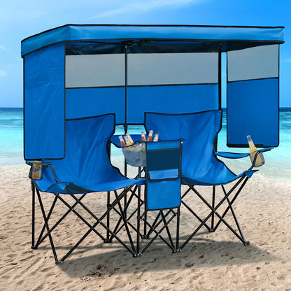 WTVIDAS Double Beach Chair with Canopy Shade Heavy Duty Camping Chairs with Cup Holder Folding Loveseat for Outside Lawn
