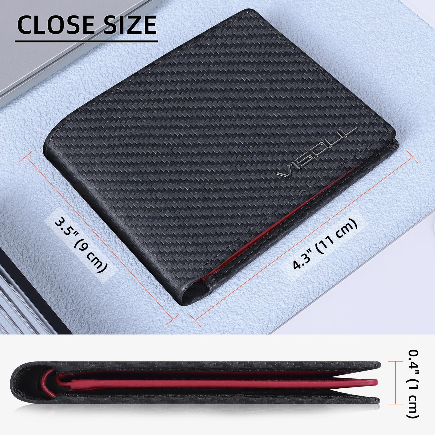 VISOUL Wallet for Men with 2 ID Windows 8 Credit Card Slots 2 Cash Compartments, Carbon Fiber Leather Bifold Mens Wallet with RFID Blocking (Black+Burgundy)