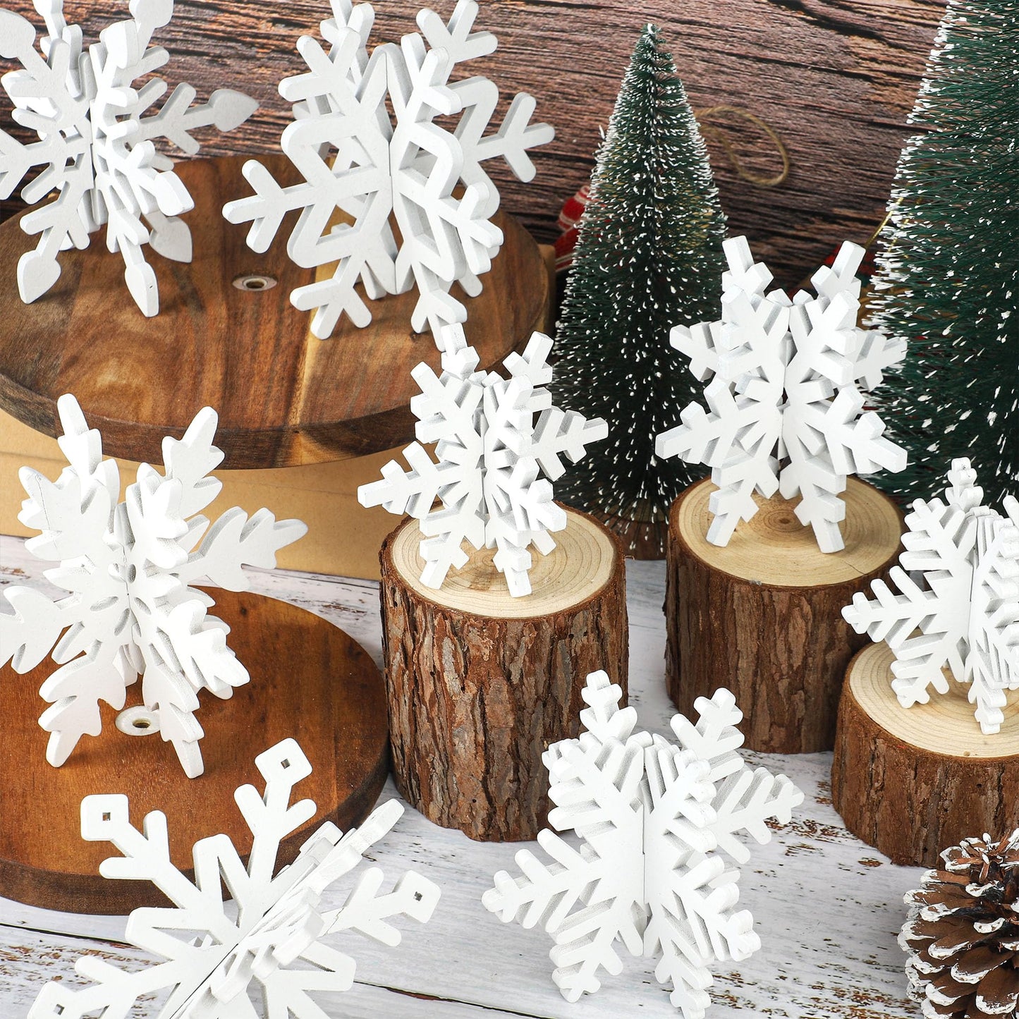 16 Pcs Christmas Wooden Decor Winter 3D Snowflake Tabletop Sign Tiered Tray Decorations White Snowflake Wood Blocks Centerpiece for Xmas Wonderland Party Home Table Decor