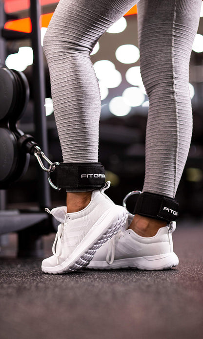 Fitgriff® Ankle Straps V2 for Cable Machine (2 Pieces) - Gym Workout Equipment - Leg Pulley Attachment, Kickback Straps (Black)