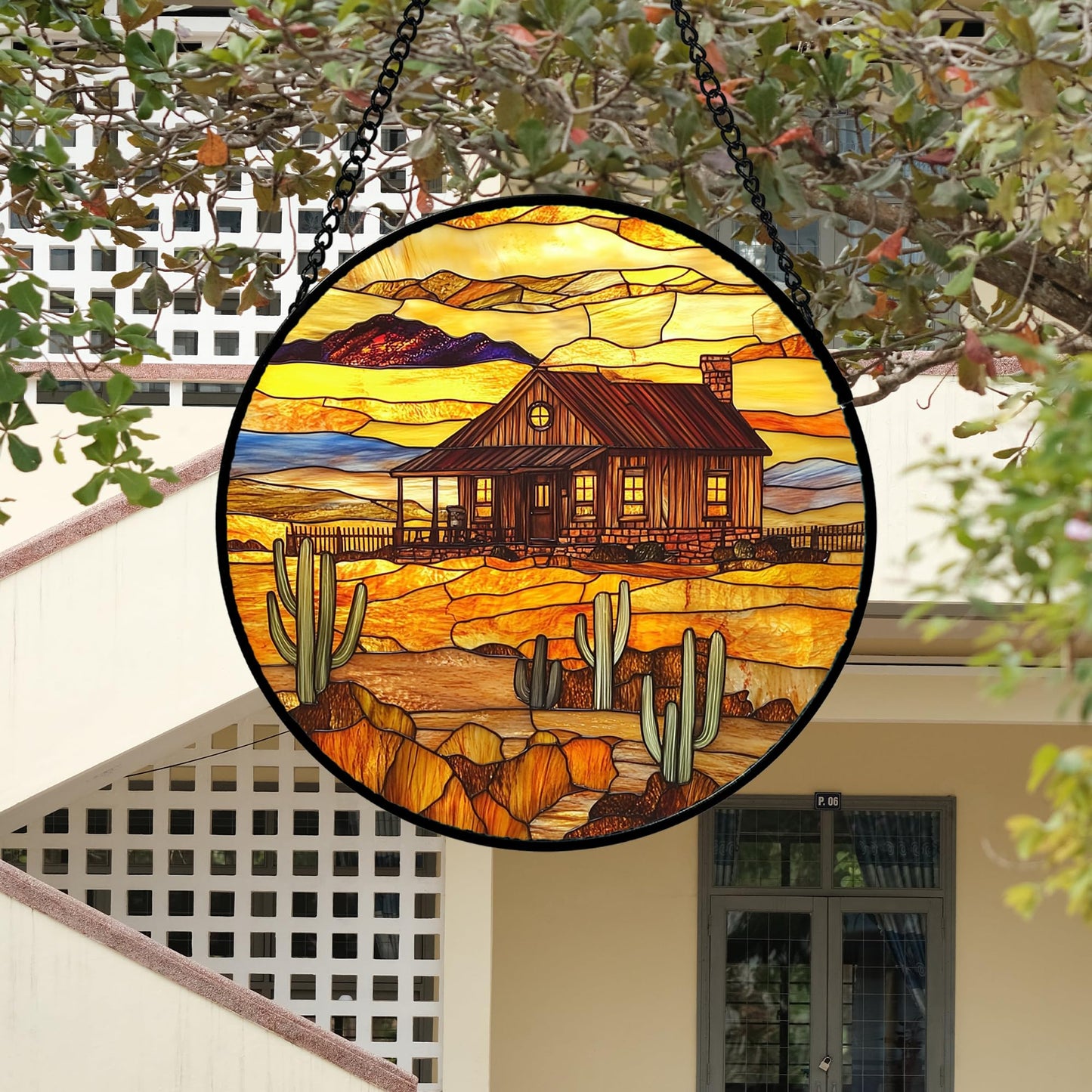 DASTOLL Stained Glass Window Hanging 4 Pcs Set Desert Sunset Theme Landscape 6.3" - Suncatcher Door Garden Sun Catcher Decor Birthday Christmas for Mom Woman Nana Men