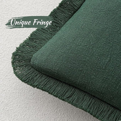 MIULEE Christmas Decorative Throw Pillow Covers Neutral Linen Fringe Throw Pillows Set of 2 Army Green Boho Farmhouse Cushion Covers with Tassels for Couch Sofa Bed Living Room Home Decor 20x20 Inch