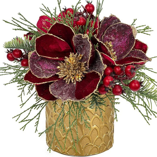 12 inch Red Christmas Table Centerpiece 5" Glitter Magnolia Flower and Red Berries Fir Greenery Artificial Christmas Floral Centerpiece in Golden Ceramic Pot Christmas Tabletop Arrangement Decor