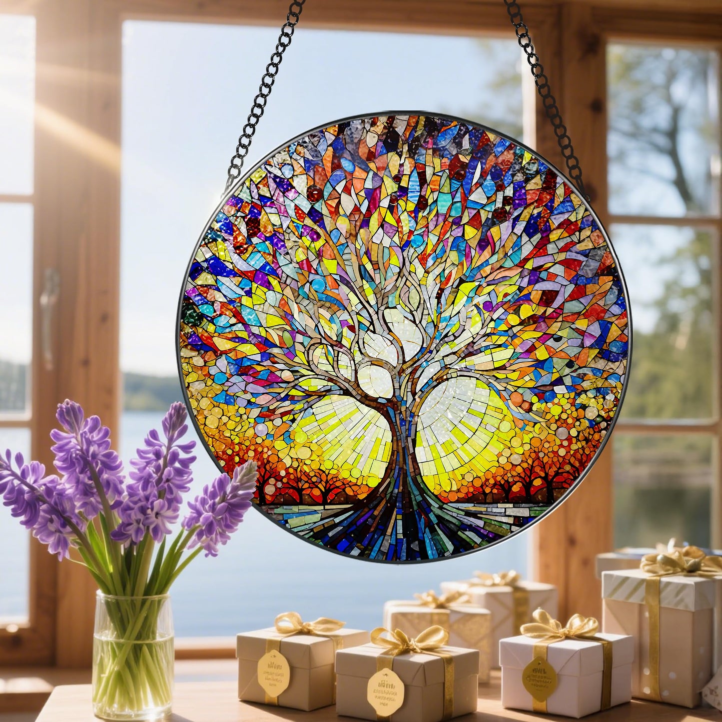 Stained Glass Window Hanging, 8 in Tree of Life Sun Catchers Indoor Window, Stained Glass Suncatcher, Gifts for Women, Her, Wife, Friend and Mom for Mother's Day, Christmas, Birthday