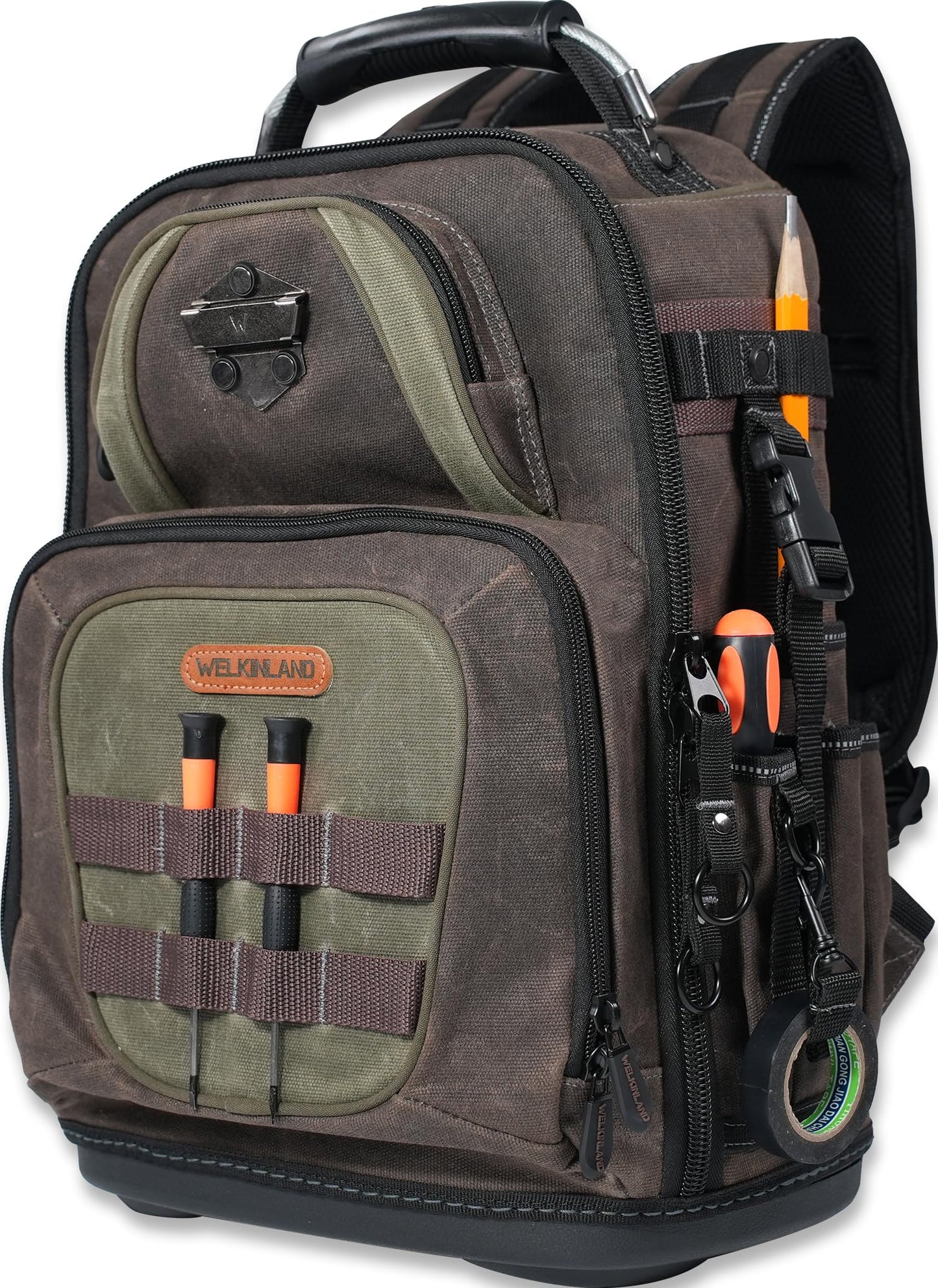 WELKINLAND 36-Pockets Electrician Backpack, Hard-Based HVAC Backpacks, Waxed-Canvas Technician Backpack, Heavy-Duty Tool Backpacks For Men