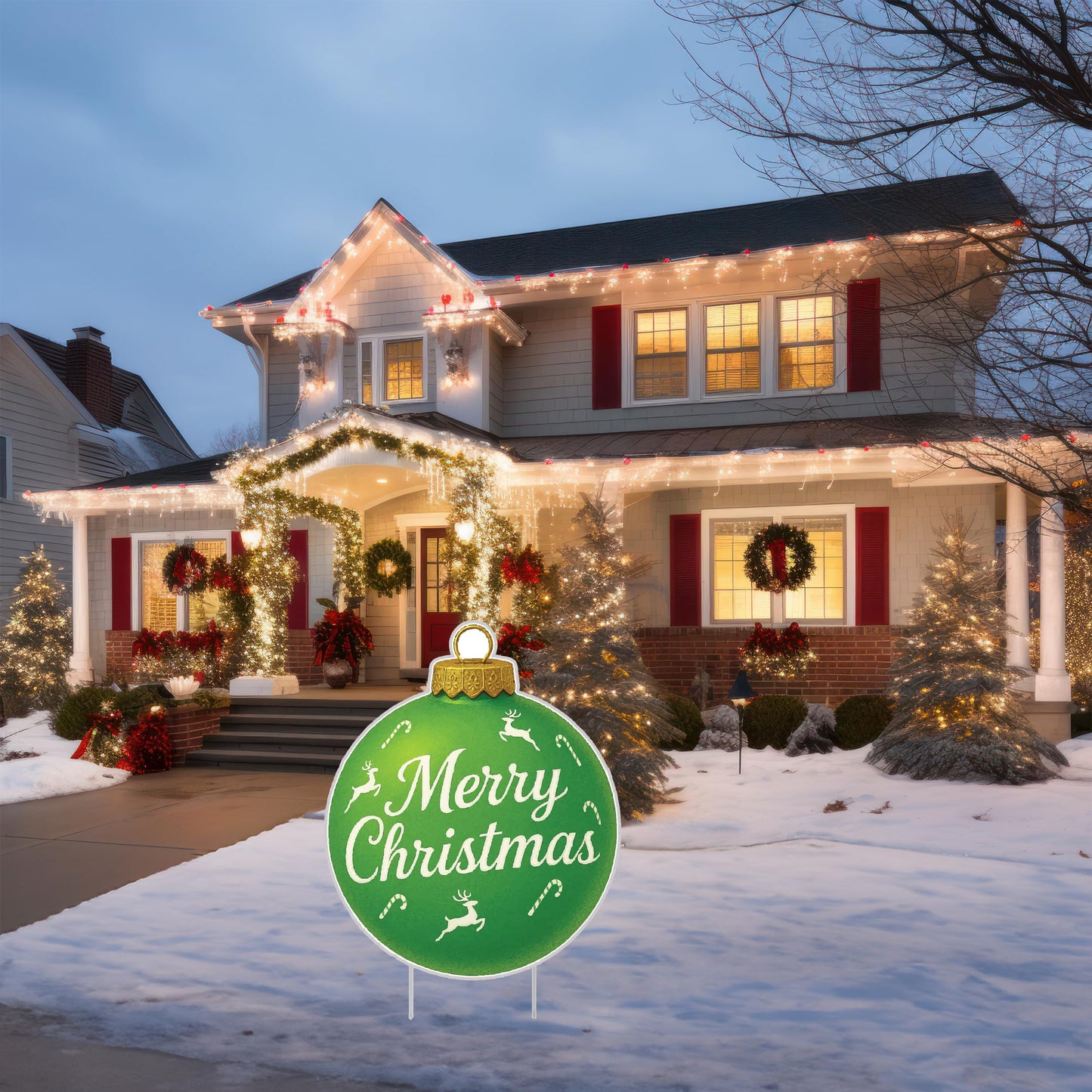 Merry Christmas Green Ornament Classic Yard Sign for Home Decor and Lawn Decoration With Stakes, Green Merry Christmas Sign Tree