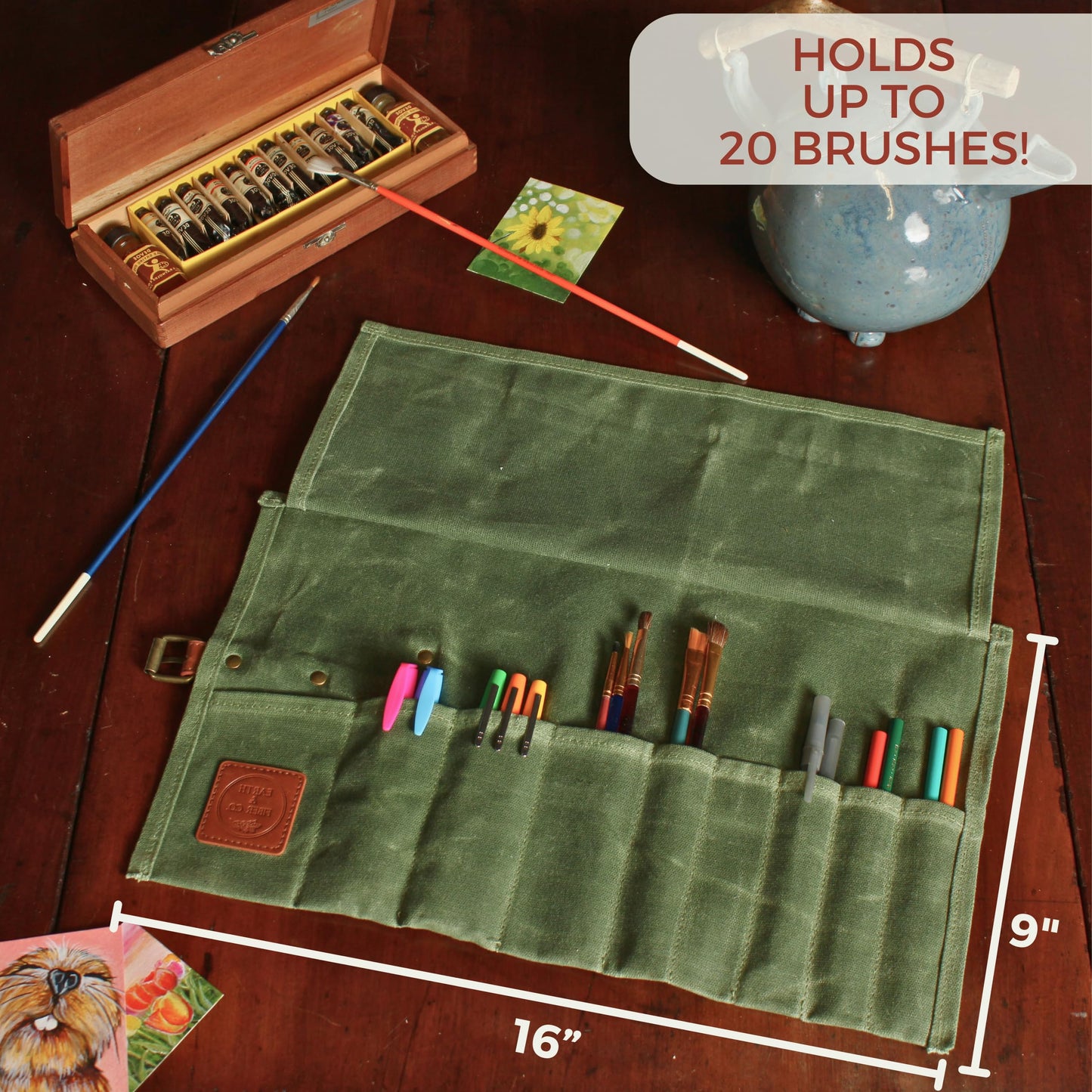 Earth & Fiber Co. Compact Waxed Canvas Paint Brush Holder - Portable Art Bag for Painting & Drawing - Art Supplies Organizer - Storage Roll Bag for Artists