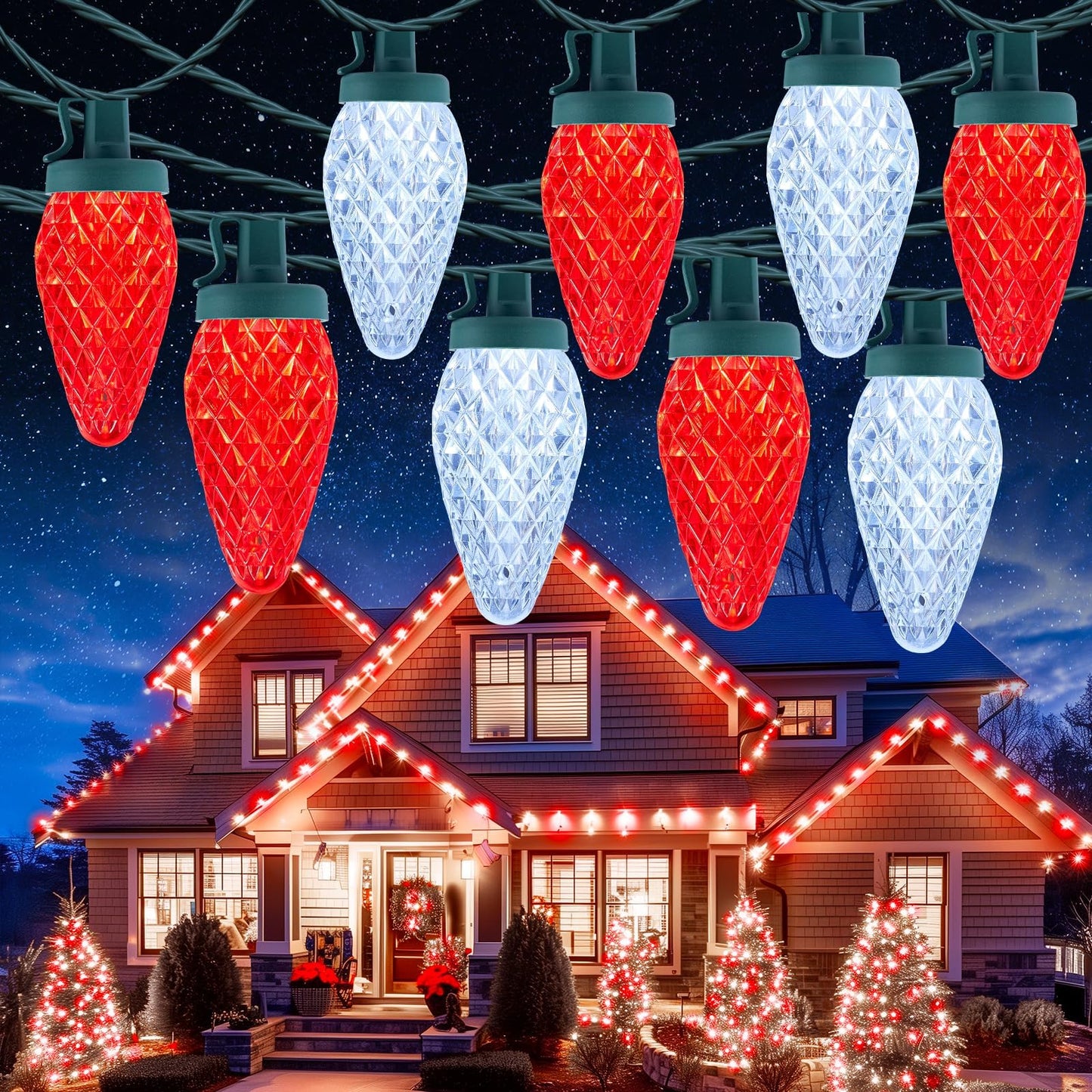 C9 Christmas Lights Outdoor Waterproof, 114 Feet 150 LED C9 String Light with Timer & 8 Light Mode, Connectable Christmas Tree Lights for House Outside Roofline Indoor Decoration, Red & Pure White