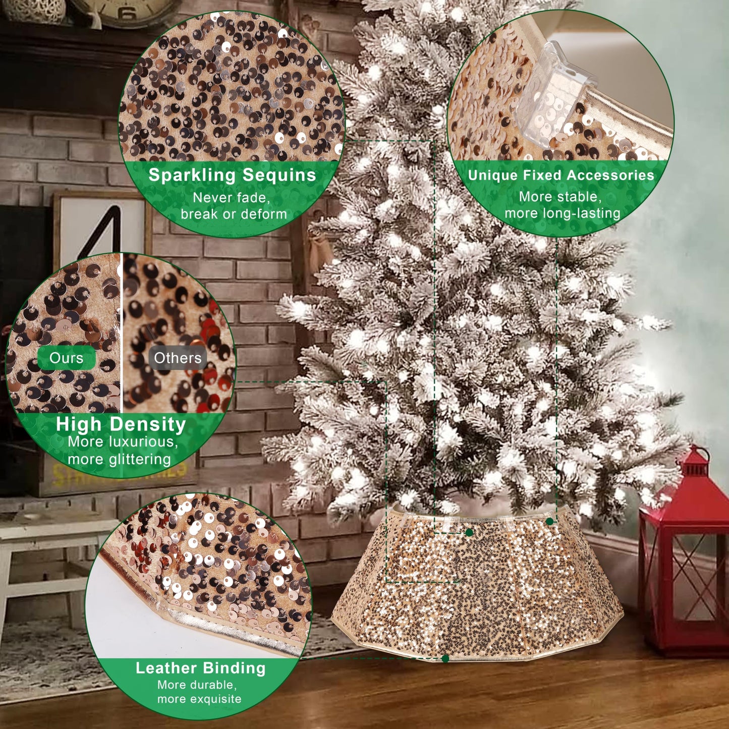 Blissun Sparkling Champagne Gold Christmas Tree Collar – Color Shifts with Light – 25.2″ Bottom / 14.9″ Top Foldable Base Cover