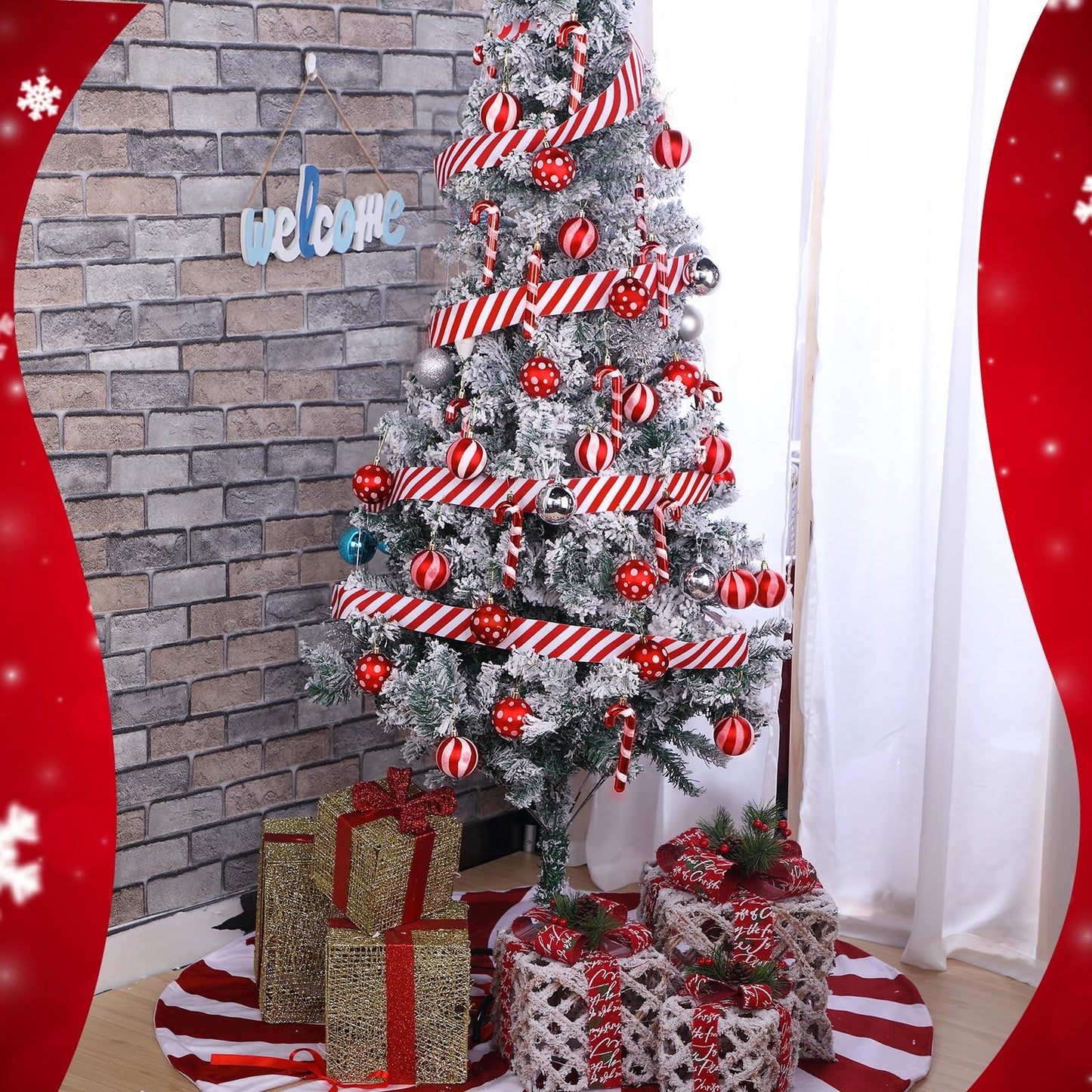 Shappy 38 Pcs Christmas Tree Ornaments Sets, Candy Cane Red White Stripes Xmas Tree Hanging Decorations, Plastic Xmas Ball Variety Shapes with Ribbon New Year Holiday Party Supplies(Cute,47.2'')