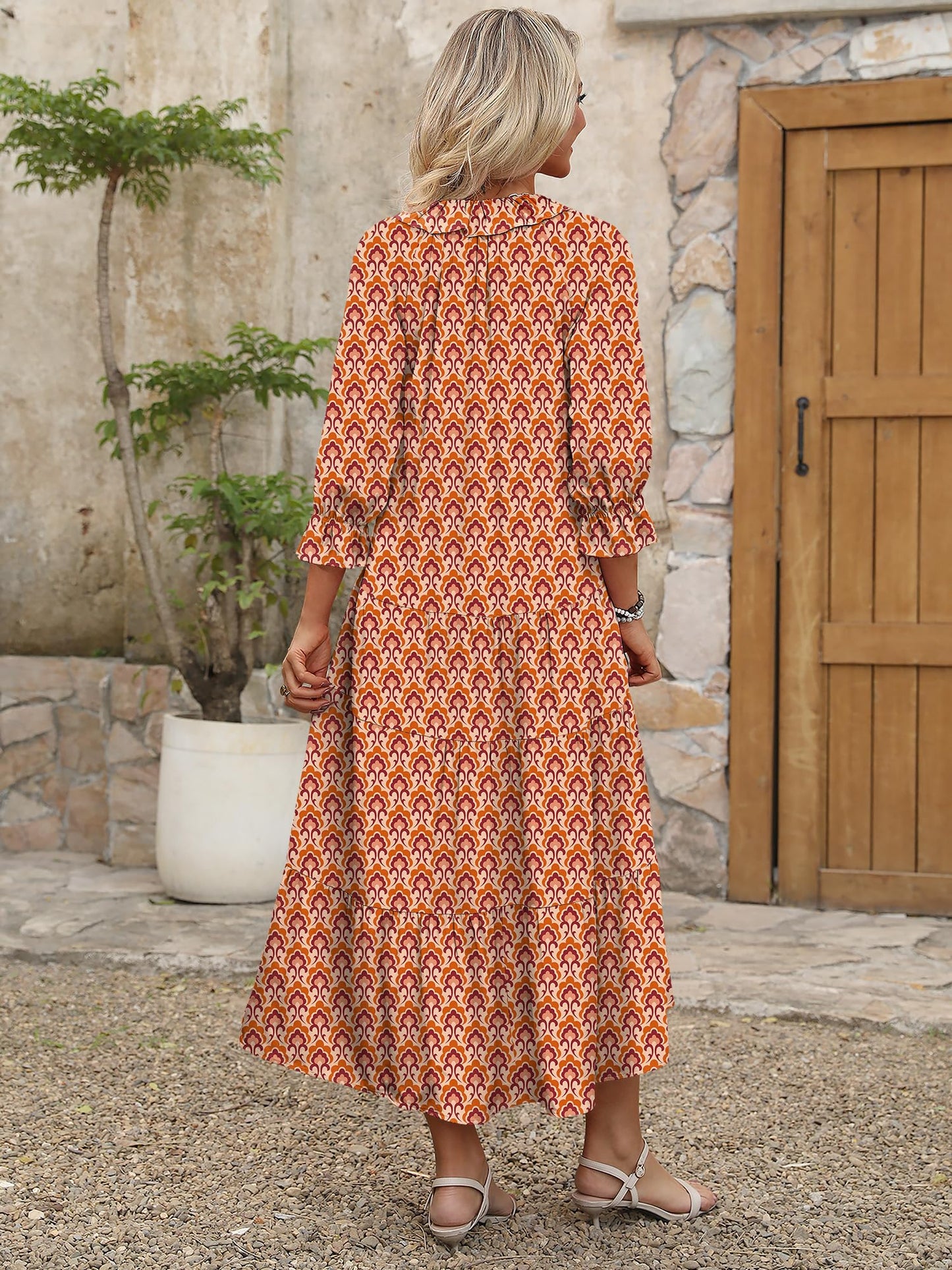 ANRABESS Women's Boho Maxi Dresses 2025 Summer Casual V Neck Puff Sleeve Floral Tiered Flowy Swing Beach Vacation Long Dress