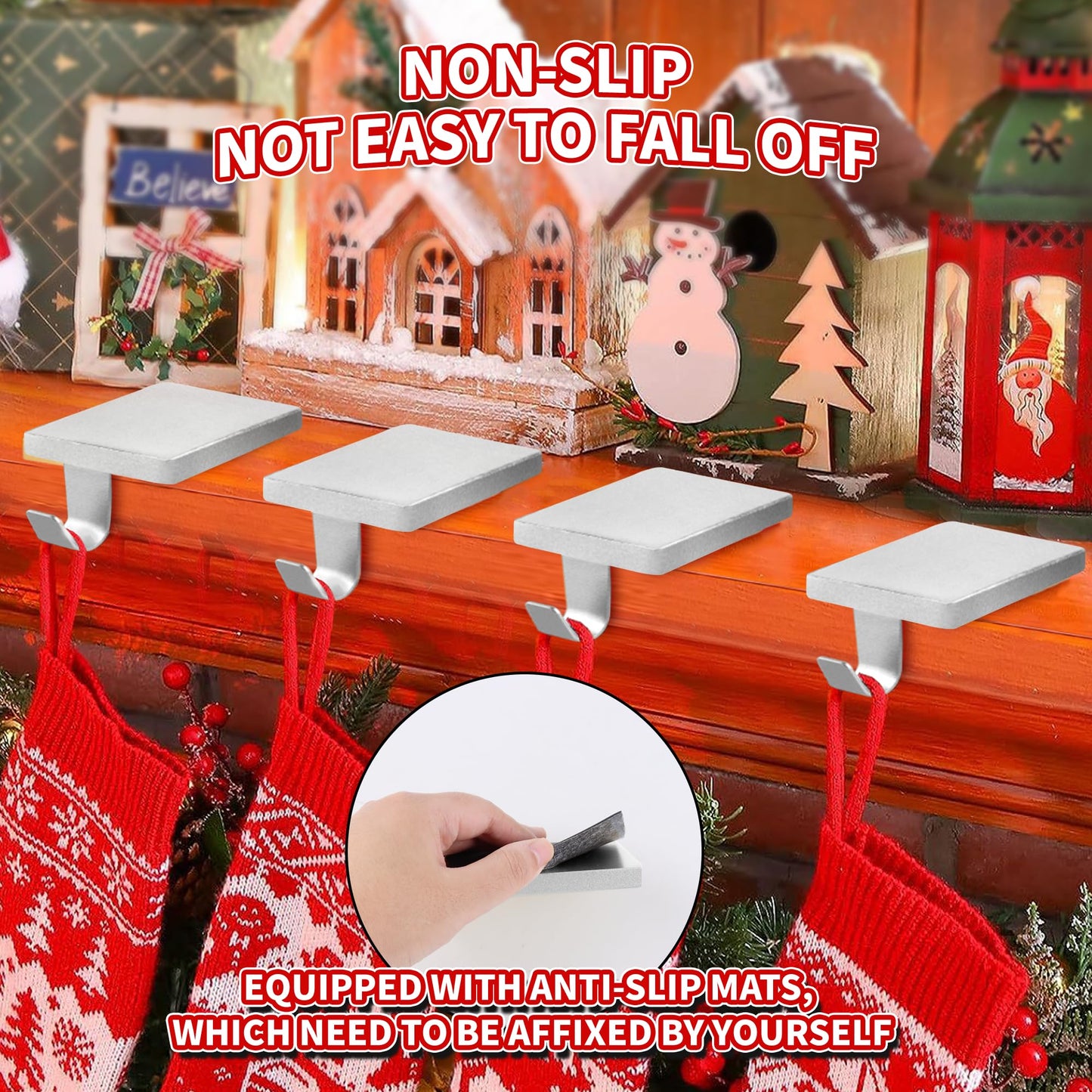 Anrgterg 4 Pcs Christmas Stocking Holders, Mantel Stocking Hangers Metal Hanging Hooks with Protective Pads for Xmas Holiday Counter Window Home Table Silver