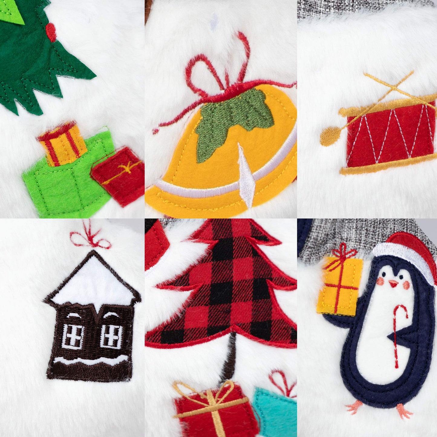 BHD BEAUTY Set of 6 Christmas Stockings Gray Burlap Buffalo Red Plaid Soft Faux Fur 20 Inches Lovely Embroidery Pattern for Family Decorations Hanging Ornament for Xmas Holiday Party