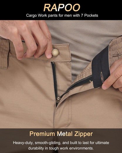 Rapoo Cargo Pants for Men Work Hiking Tactical Army Casual Pants for Men with Multi Pockets Water Resistant Mens Ripstop Breathable Outdoor Pants Khaki 42Wx34L