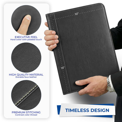 Samsill Contrast Stitch Faux-Leather Padfolio, Business Portfolio for Men and Women, Resume Document Organizer with 8.5 x 11 Inch Writing Pad, Black