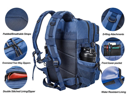 LHI Military Tactical Backpack for Men and Women 45L Army 3 Days Assault Pack Bag Large Rucksack with Molle System - Blue