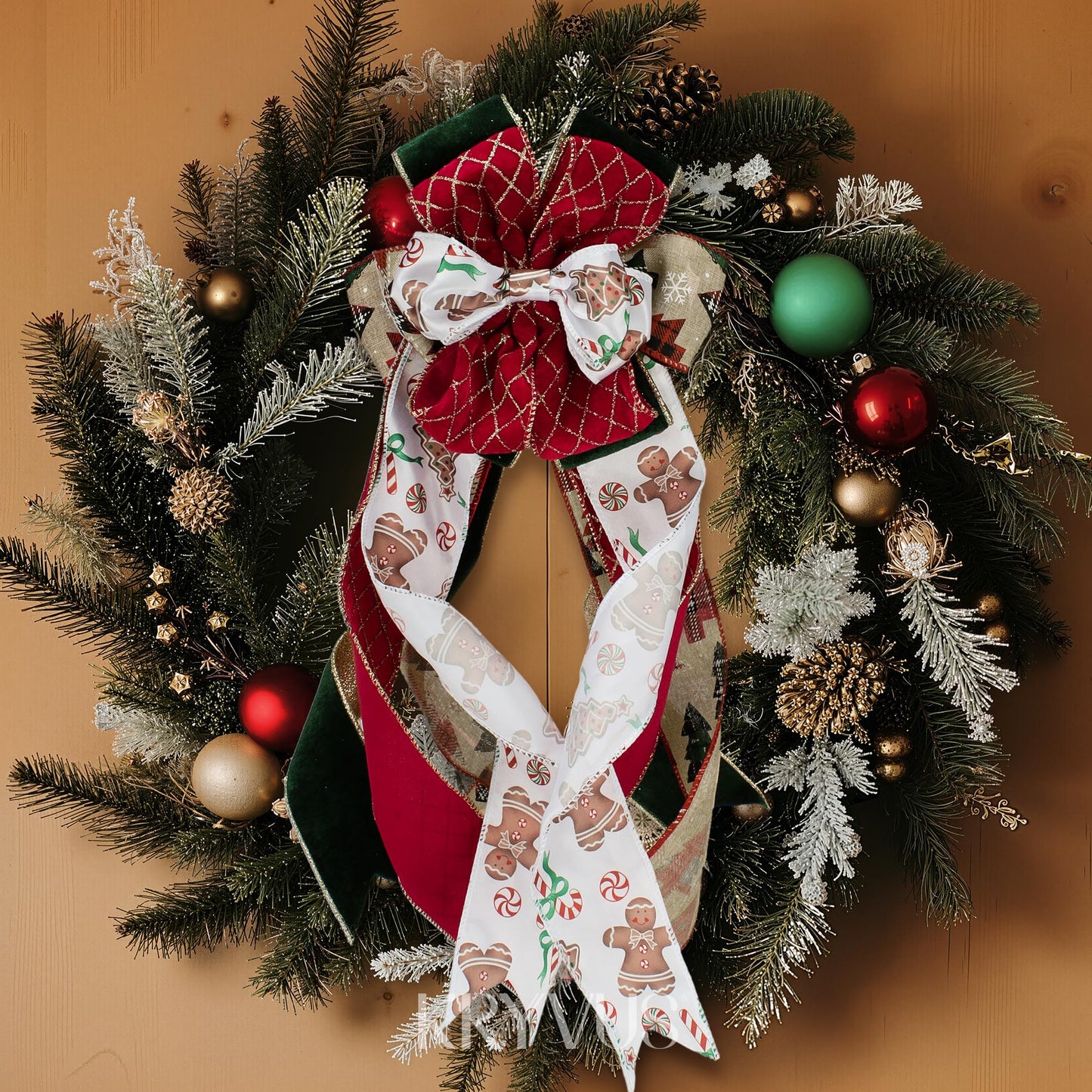Kryvus Christmas Wired Ribbon, 2.5 Inch X 10 Yards Gingerbread Candy Canvas Satin Ribbon with Wired Edge, Perfect for Home Wreath DIY Craft Decoration Supplies Gift Wrapping