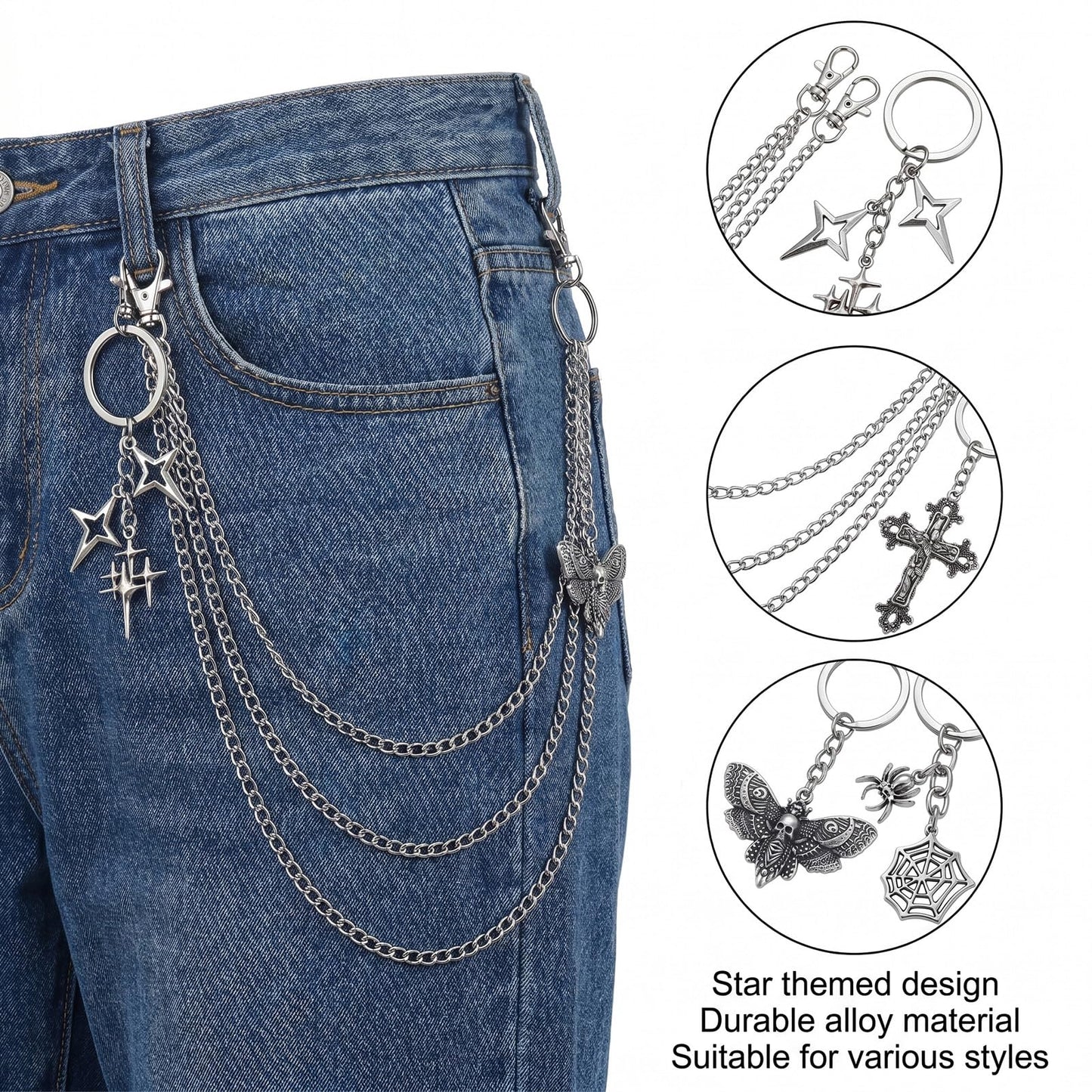 Thrist Punk Jeans Chains Keychain Set - 7 Pieces Y2K Goth Grunge EMO Layered Chunky Pants Chain Keychain Set Silver Star Belt Chains Keychains Jewelry Accessory for Women Men Jeans Bag Pocket Wallet