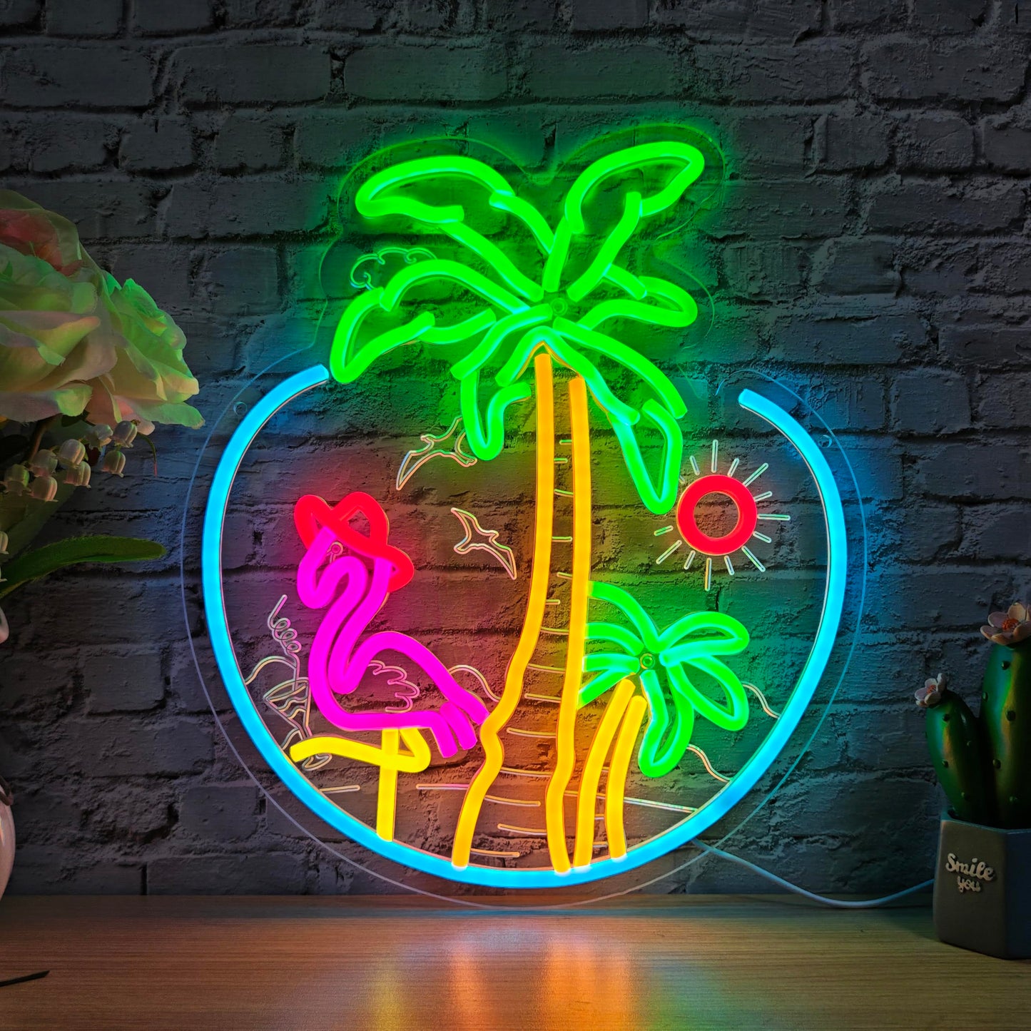 Tropical Flamingo Palm Tree Sunset Neon Sign for Wall Decor, USB Powered Dimmable LED Coconut Tree Neon Light Sign for Bar Man Cave Club Beach Theme Restaurant Party Decoration