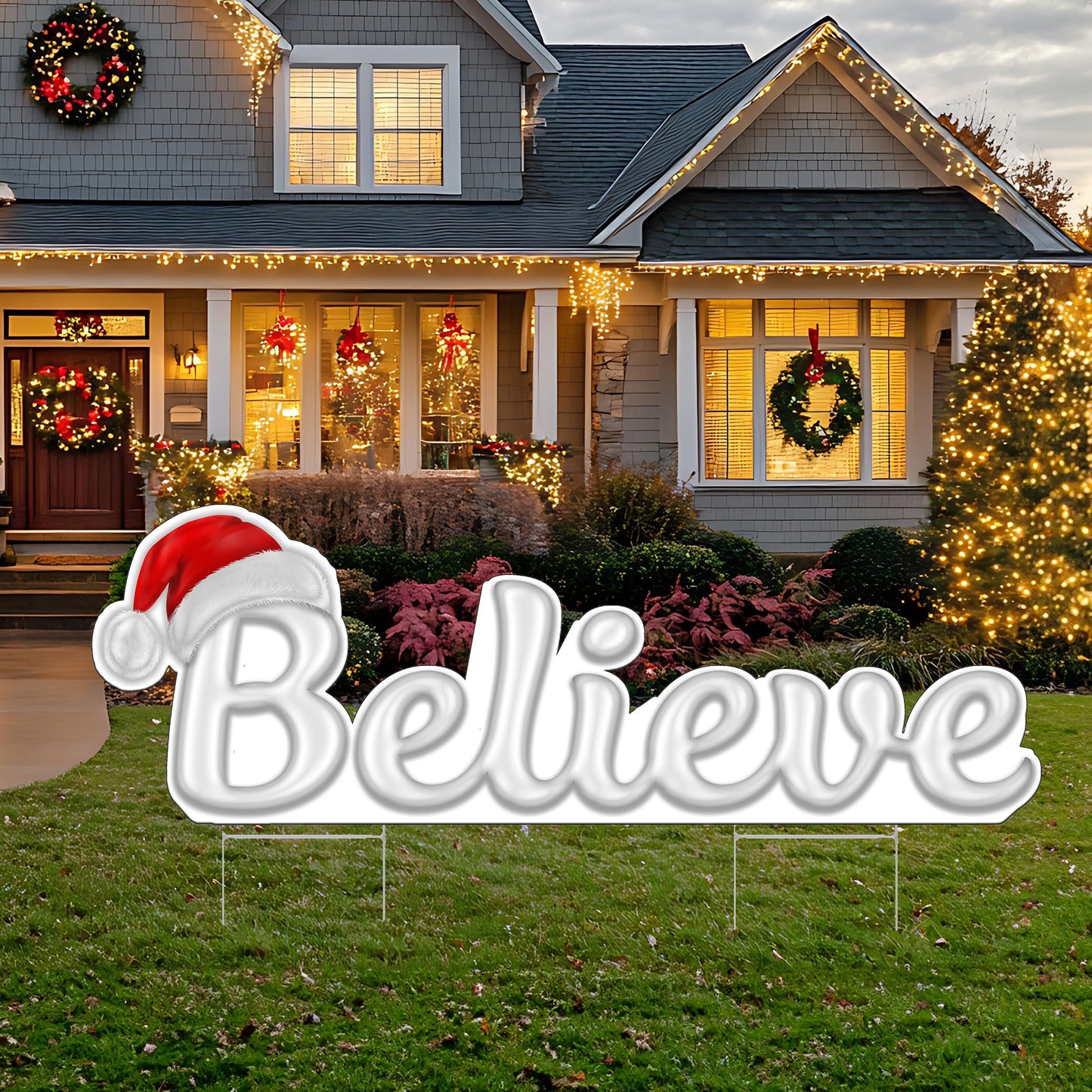 Large Believe Die Cut Christmas Classic Yard Sign for Home Decor and Lawn Decoration With Stakes, Merry Christmas Sign