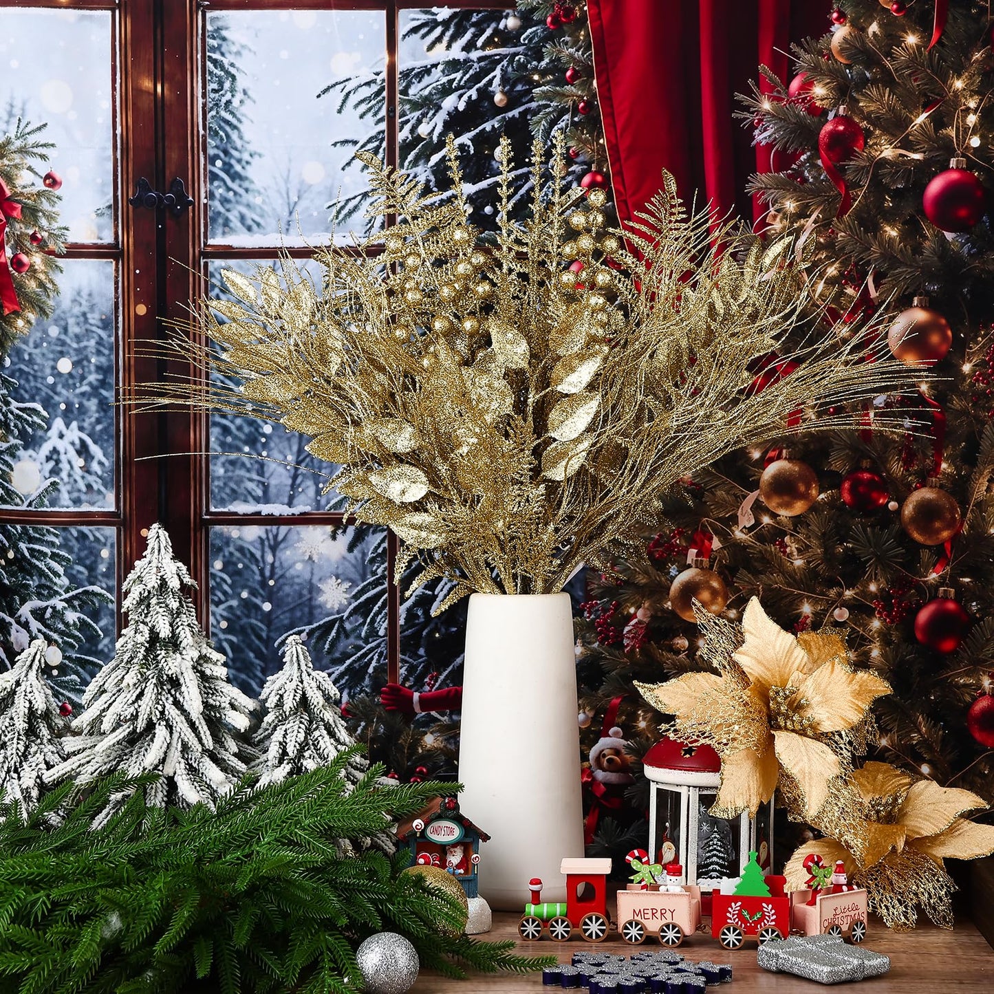 60 Pcs Christmas Tree Decorations Champagne Christmas Picks and Sprays 9 Style Xmas Ornaments of Glitter Poinsettia Flowers Artificial Branches Fern Berry Stems for Vase Fillers Wreath Holiday Party