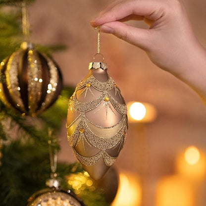 Valery Madelyn Glass Christmas Ornaments Set, 10ct Bronze Copper and Gold Mercury Blown Glass Christmas Tree Ball Decorations, Luxury Xmas Hanging Teardrop Finial Faceted Reflector for Holiday Decor