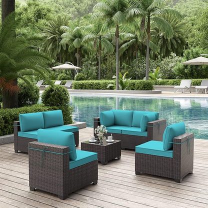 ALAULM 7 Pieces Patio Furniture Set with Coffee Table, Outdoor Sectional with Thick Cushion, All Weather Wicker Rattan Conversation Set for Backyard, Garden, Deck, (Turquoise)