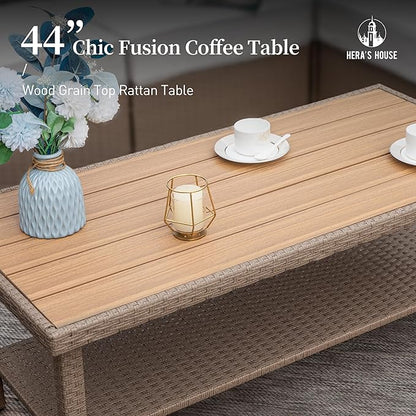 HERA'S HOUSE Patio Furniture Set 7 Piece, Outdoor Sectional Wicker Sofa with 44" Coffee Table All Weather 6 Seats, 5.5" Thick Waterproof Cushion Modular Conversation Set for Garden Deck Backyard