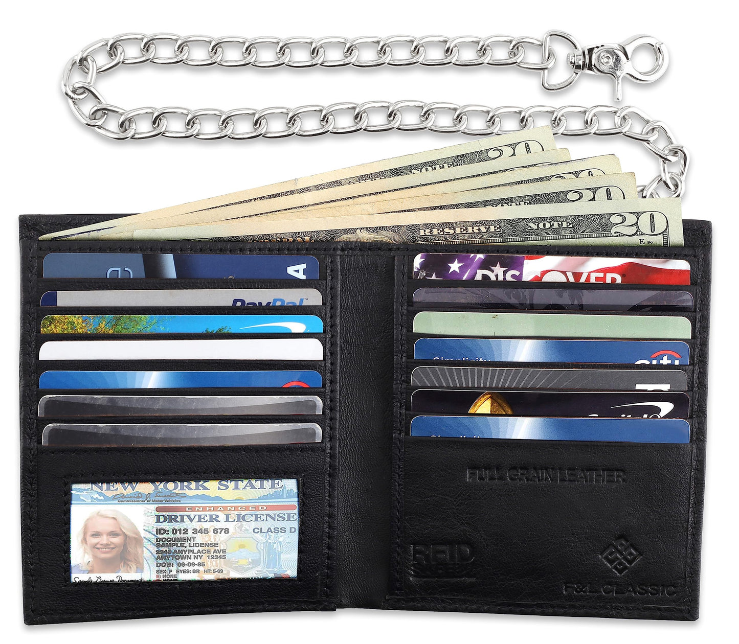 F&L CLASSIC Mens Chain Wallet Large Capacity | RFID Blocking | Buffalo vintage Leather | Bi-Fold Big Hipster | 186 black w/chain