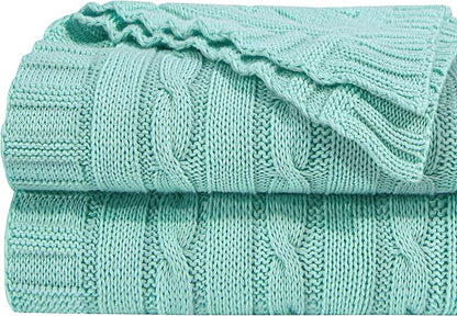NTBAY 100% Pure Cotton Cable Knit Throw Blanket, Super Soft Warm 51x67 Knitted Throw Blanket for Couch, Sofa, Chair, Bed - Extra Cozy, Machine Washable, Comfortable Home Decor, Mint