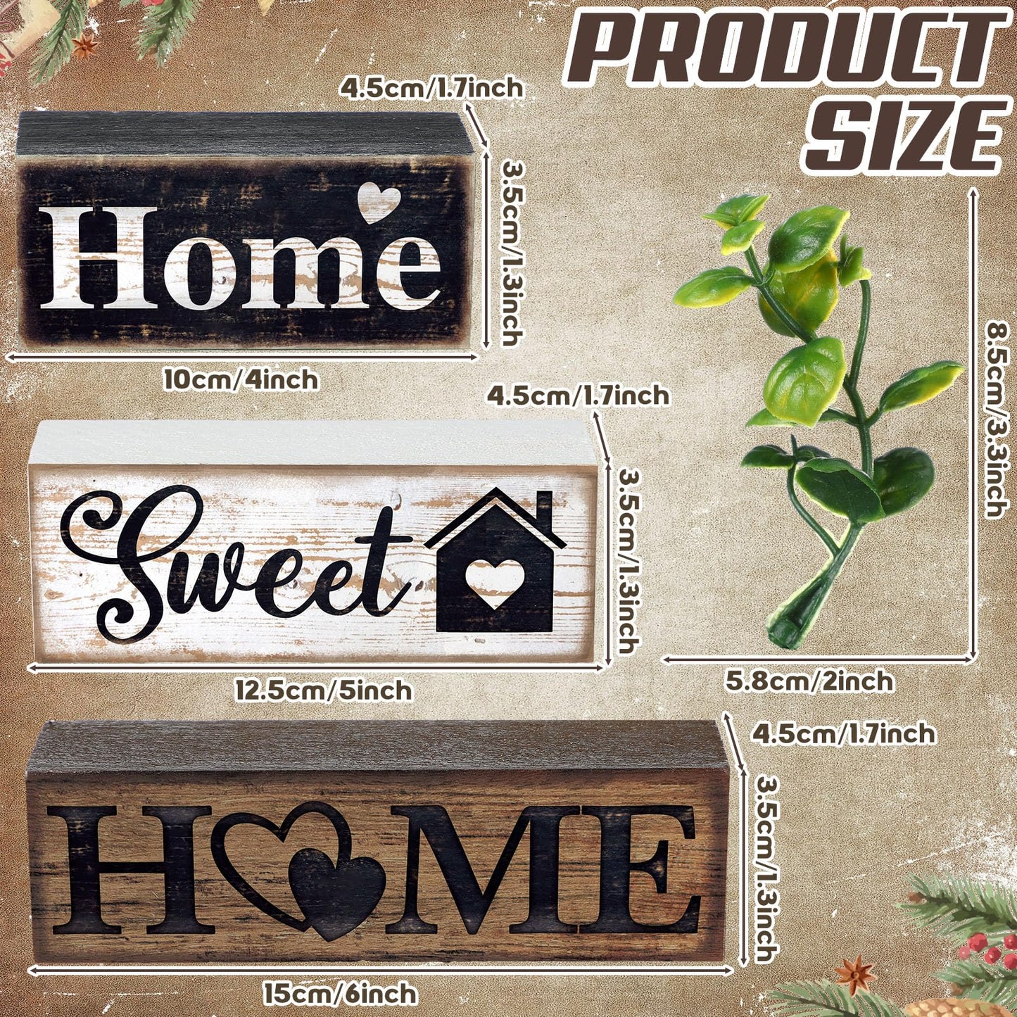 Moucuny 4 Pcs Farmhouse Wooden Tabletop Decor Farmhouse Tiered Tray Decor Rustic Eucalyptus Leaves Wood Block Sign Gift Sweet Home Centerpiece Home Table Decortion