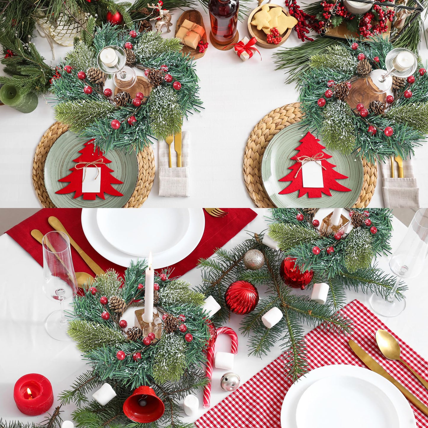 Sggvecsy 4 Pcs Christmas Candle Rings Norfolk Pine Wreath Table Centerpieces Artificial Red Berries Pinecones Small Wreaths Kitchen Cabinets Pillars Mini Candle Rings for Window Front Door Decor