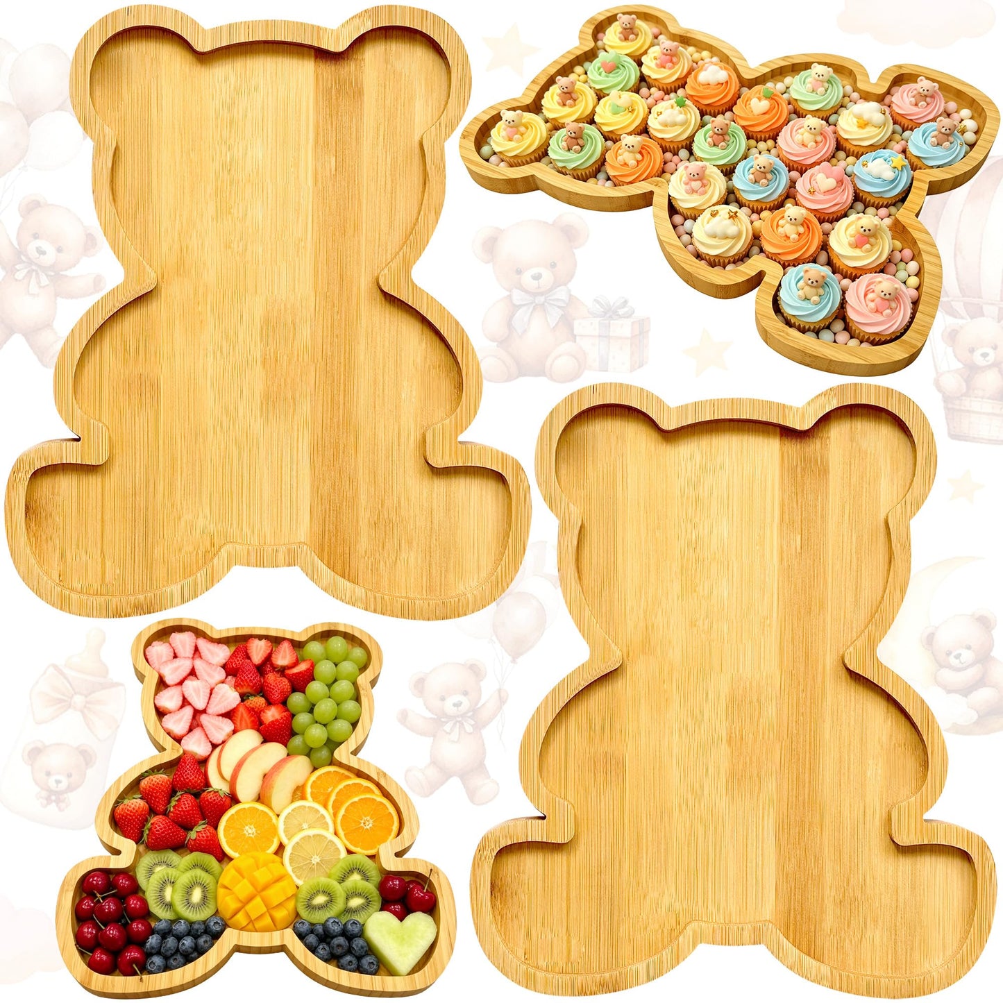 2pc Charcuterie Boards Platters Bear Baby Shower Food Trays Wooden Bear Party Decorations Gender Reveal Food Display Snack Tray Kids Birthday Party Plates Fillable Serving Board for Fruit Cheese