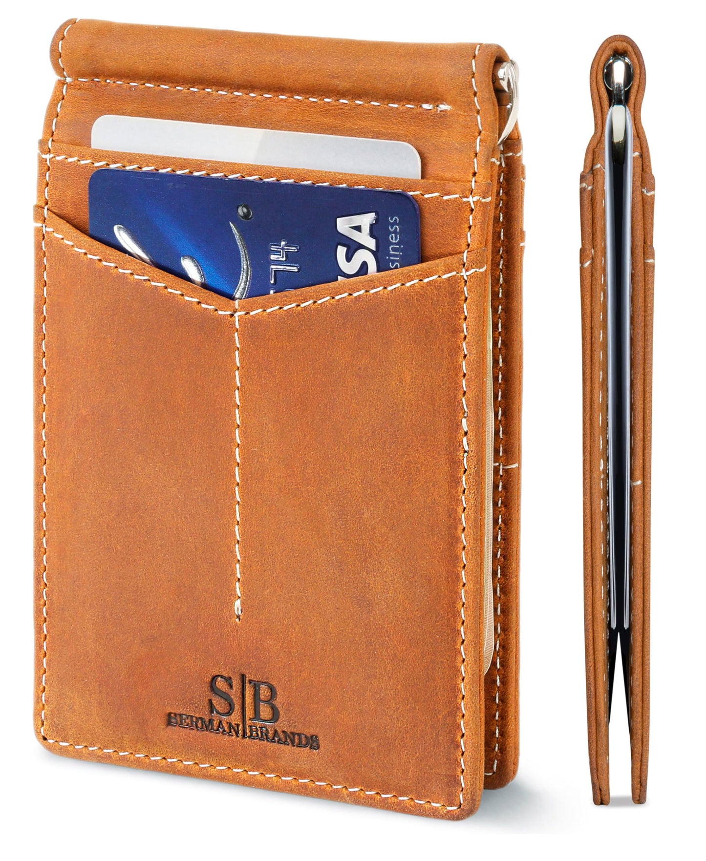 SERMAN BRANDS RFID Blocking Wallet Slim Bifold - Genuine Leather Minimalist Front Pocket Wallets for Men with Money Clip Gift (California Desert)