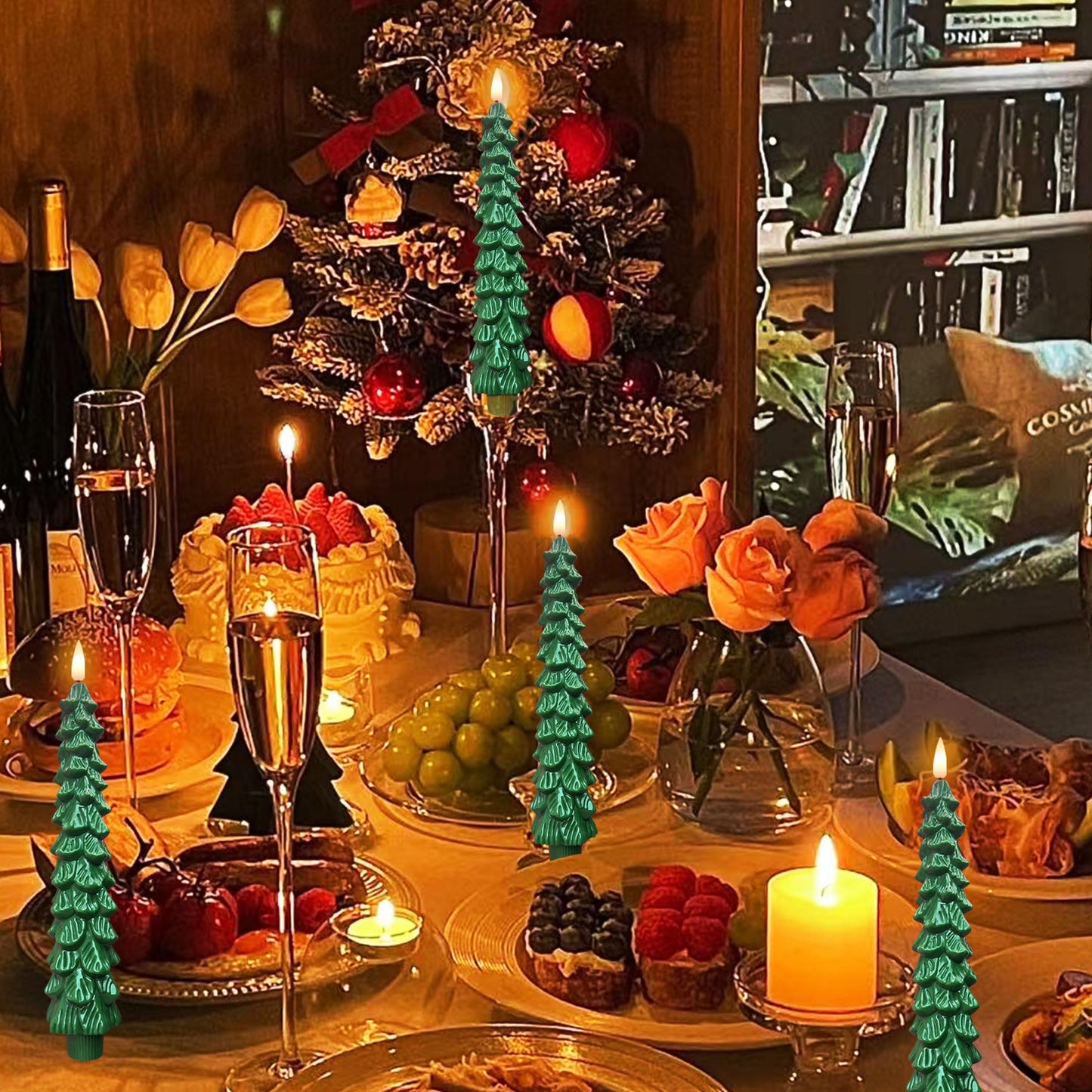 Qaeshi Christmas Tree Candles with Remote, Real Wax LED Flameless Taper Candles, Battery Operated 3D Flickering Candlesticks, Tree Taper Candle for Window Home Christmas Table Decorations (4pcs)