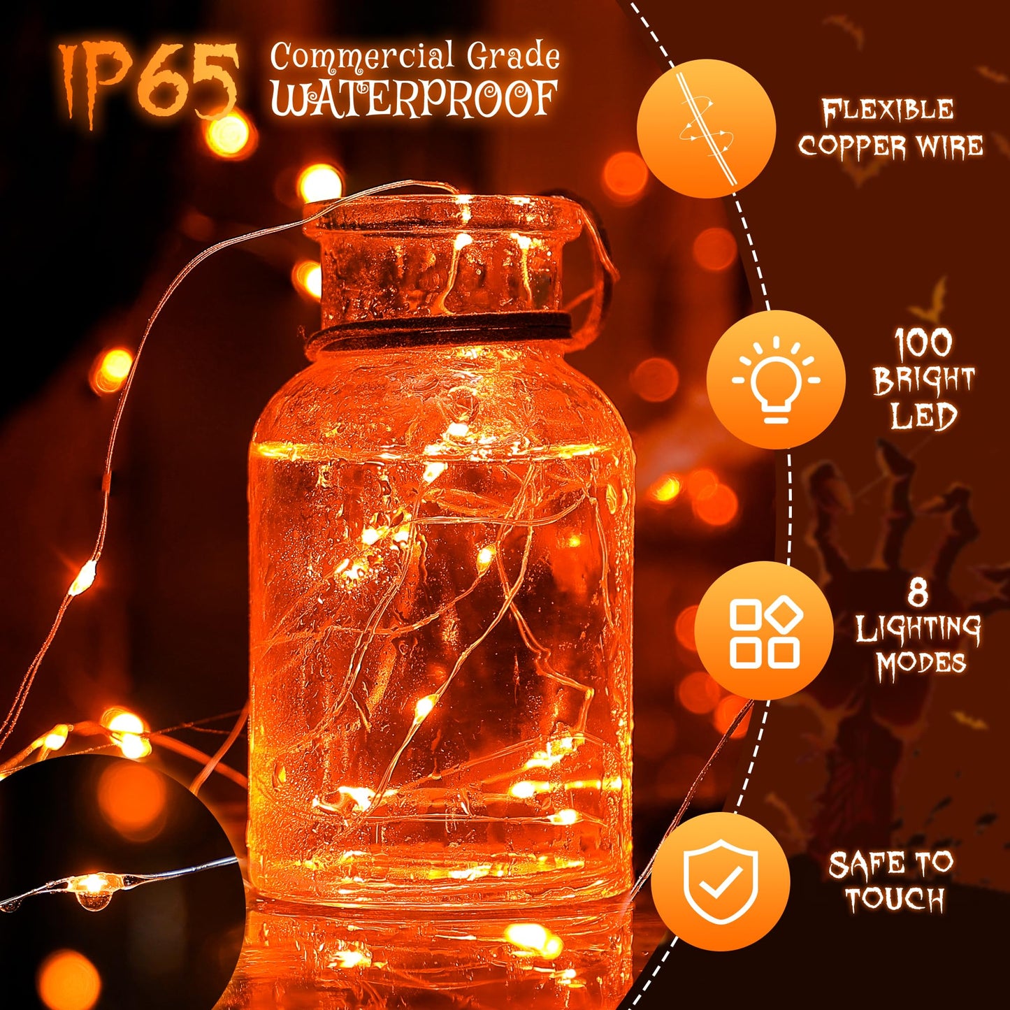 Ｗoohaha Solar Halloween Lights Outdoor,2 Pack Each 33Ft 100LED Orange Halloween Lights,Copper Wire Solar Powered Fairy String Lights 8 Modes for Garden,Tree,Thanksgiving,Christmas,Parties,Home Decor