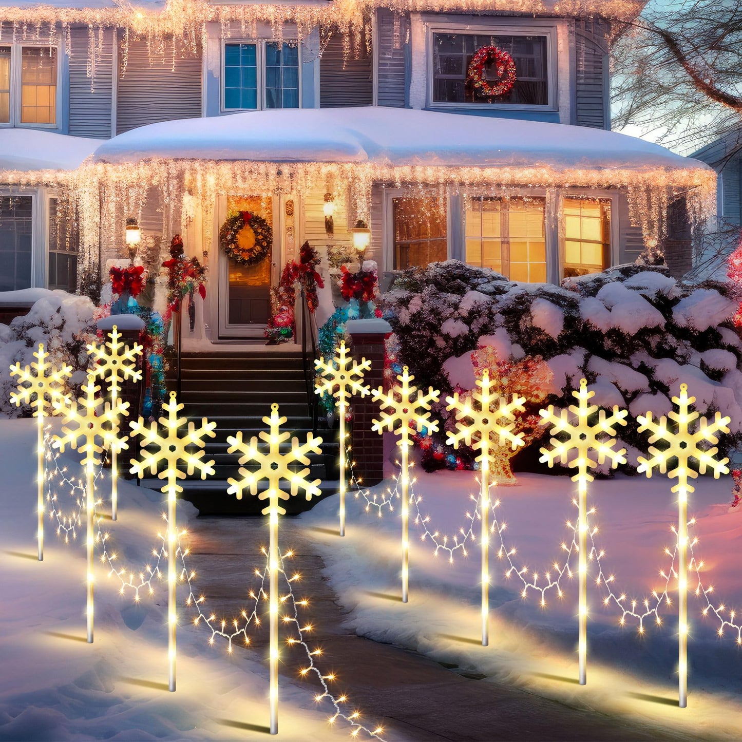 ElectricWise 10 Pcs Christmas Snowflake Pathway Stake Lights for Outdoor Yard, 370 Bright LEDs Waterproof Large Christmas Snowflake Light Decoration for Garden Lawn Driveway Walkway Decor (Warm White)