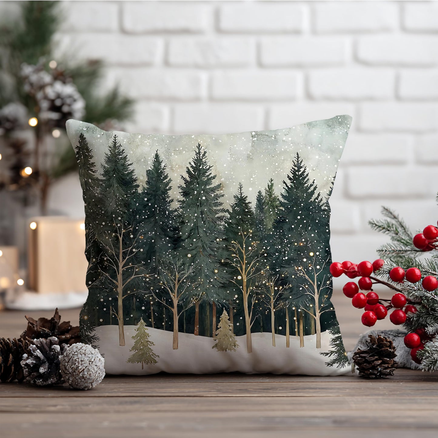 Nipil Christmas Forest Pillow Covers 18x18 Double-Sided, Farmhouse Christmas Decor, Xmas Winter Snowflake Forest Decorative Throw Pillow Cover for Home Living Room Bedroom Decor