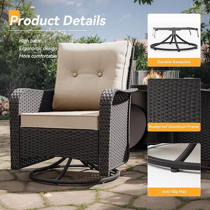 Kurapika 5 Pieces Patio Furniture Set, Rattan Wicker Outdoor Conversation Sets, 4 Woven Rattan Swivel Chairs w/48in Propane Fire Pit Table and Thickened Cushions, Sand