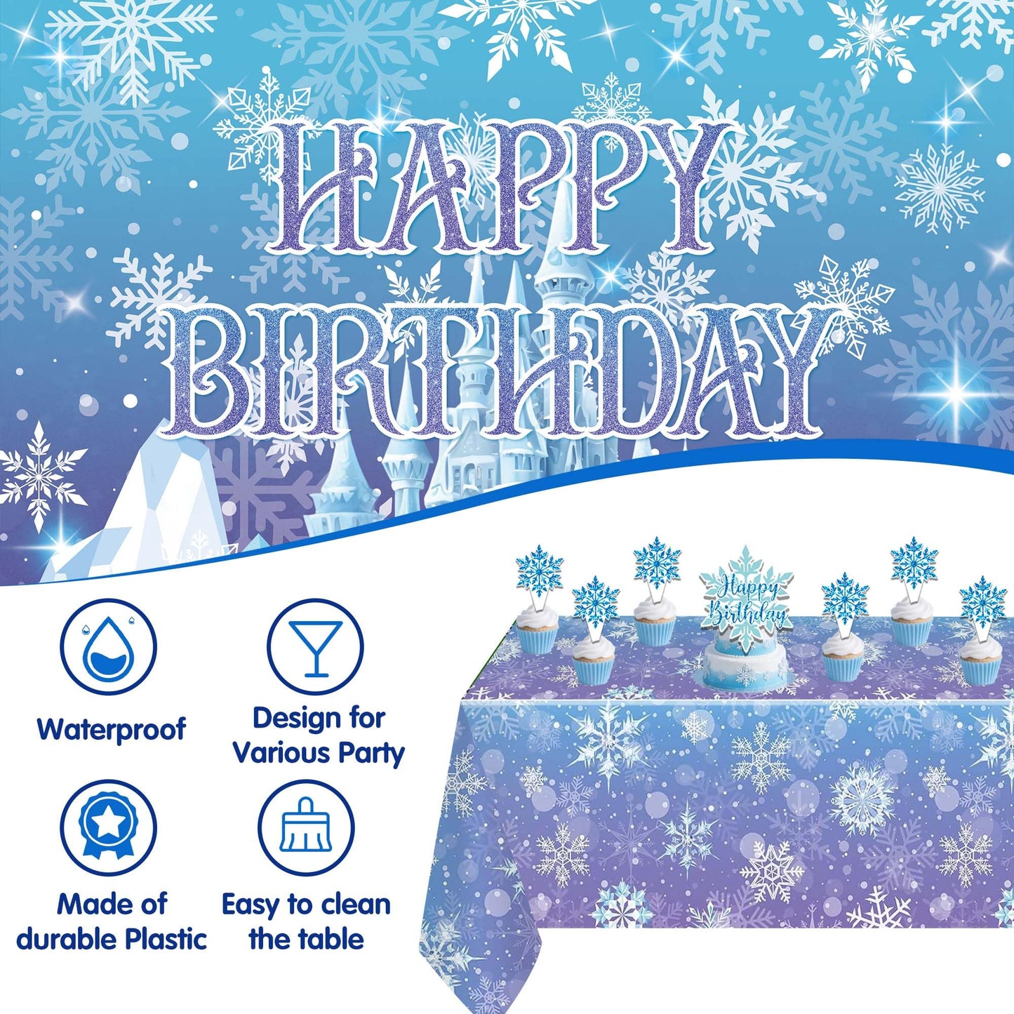 Frozen Birthday Decorations for Girls,Happy Birthday Banners,Blue Purple Balloon Arch Garland Kit,Party Decor Supplies,Foil Snowflake Balloons,Tablecloth