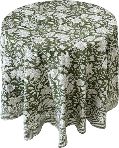 ATOSII Noori Green 100% Cotton Round Tablecloth, Handblock Print Floral Table Cloth for Kitchen Dining Linen I Parties, Weddings, Outdoors I Summer Home Decor 72" Inches Round