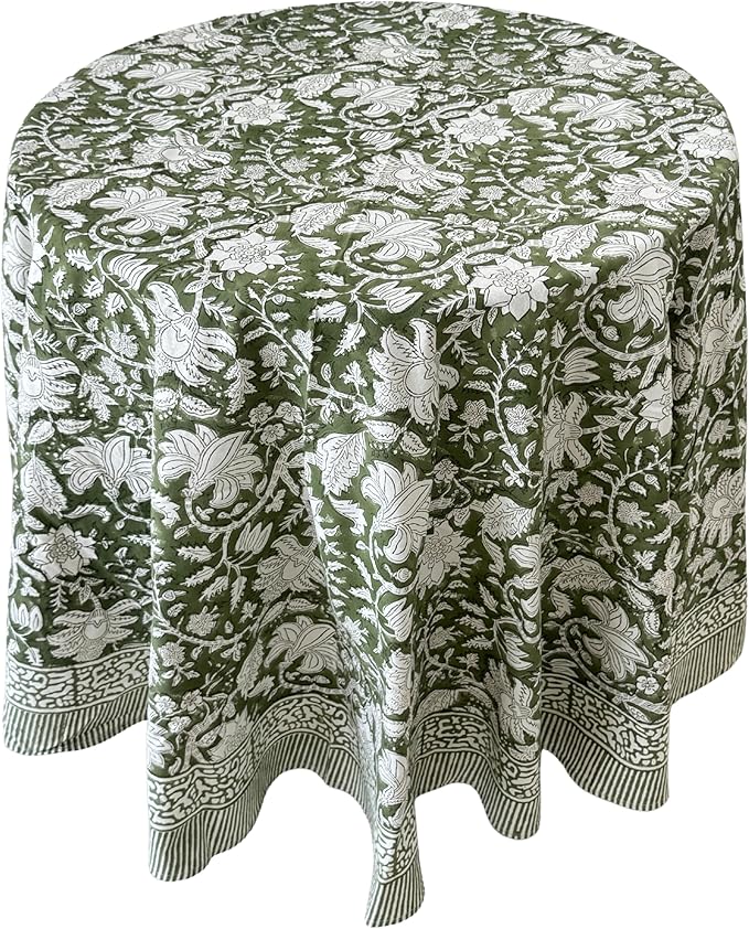 ATOSII Noori Green 100% Cotton Round Tablecloth, Handblock Print Floral Table Cloth for Kitchen Dining Linen I Parties, Weddings, Outdoors I Summer Home Decor 60" Inches Round