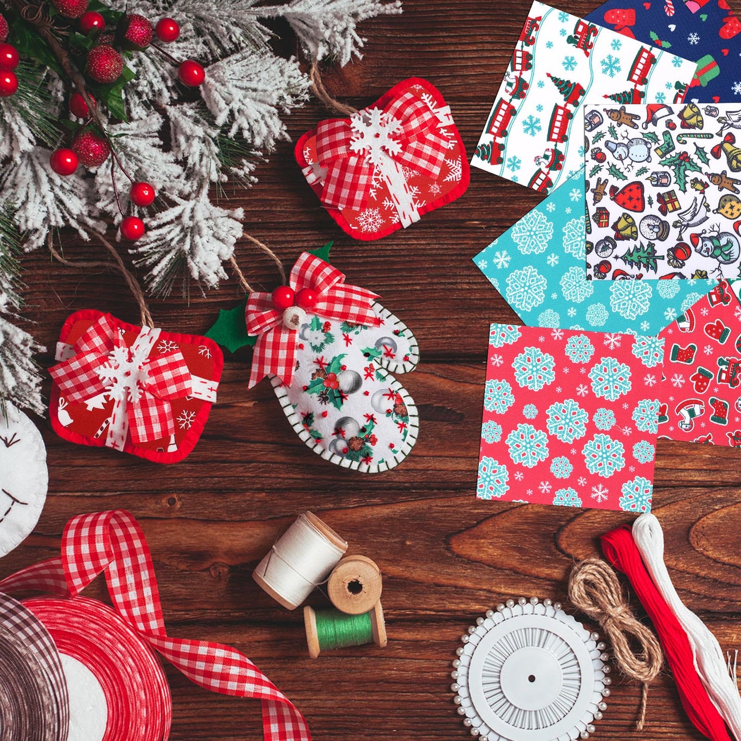 Preboun 300 Pcs 5 x 5 Inches Christmas Fabric Square Quilting Fabric Squares Bundle Sewing 25 Different Christmas Patterns Precut Polyester Patchwork for DIY Sewing Crafting Supplies